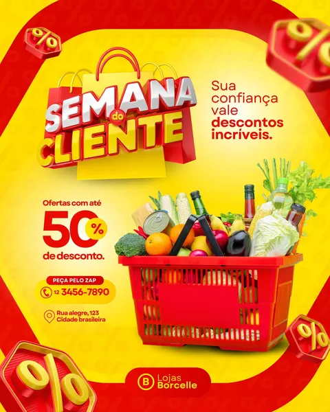 Post para Instagram com fundo amarelo e detalhes em vermelho, promovendo a Semana do Cliente em um supermercado. Apresenta uma sacola de compras com o título em 3D, uma cesta cheia de alimentos frescos e a oferta de 50% de desconto. Inclui informações de contato e endereço.