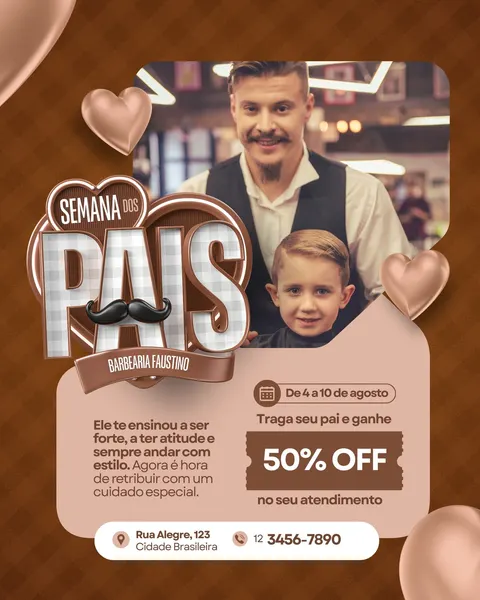 Post para Instagram com tema Dia dos Pais para barbearia, em tons marrom e bege. Destaca uma promoção de 50% OFF, com imagem de um homem e uma criança, texto sobre a importância do pai e dados de contato.
