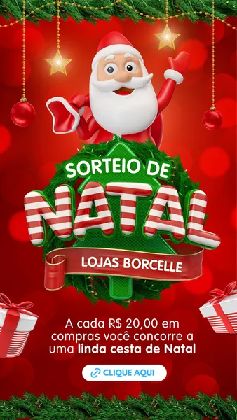 Story de Instagram vertical natalino com fundo vermelho e verde. Apresenta um Papai Noel 3D sorridente sobre uma árvore de Natal com 'SORTEIO DE NATAL'. Elementos festivos como guirlandas, estrelas douradas, bolas e caixas de presente adornam o design, ideal para lojas anunciarem sorteios de cestas natalinas com CTA.