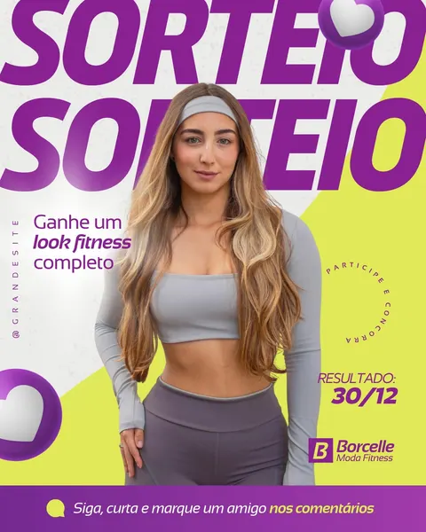 Imagem de post para sorteio de moda fitness. Apresenta uma mulher sorrindo vestindo top e calça cinza, com fundo roxo vibrante e verde limão. O texto "SORTEIO" em destaque, corações roxos e brancos, e instruções para participar, como "Ganhe um look fitness completo" e "Siga, curta e marque um amigo". Ideal para lojas de roupas esportivas.