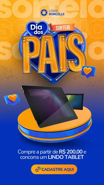 Template de Story para Instagram com tema de Dia dos Pais. Destaca um tablet em um pedestal laranja e azul, com o texto "Dia dos Pais Sorteio" em destaque. Fundo com textura e o logo da loja. Chamada para ação "Cadastre Aqui".