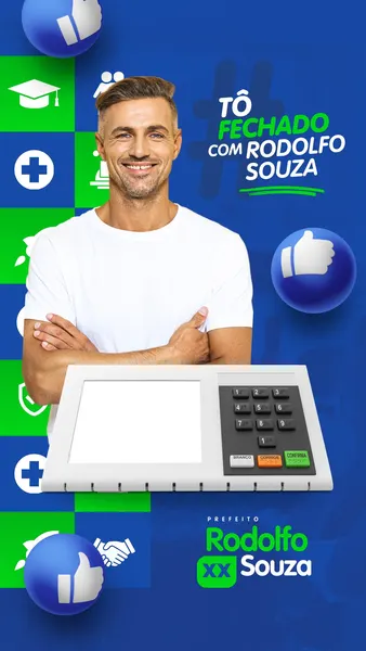Story de Instagram para campanha política, com um candidato sorrindo ao lado de uma urna eletrônica. O fundo azul e verde exibe ícones de educação, saúde e aperto de mãos, com a frase 'Tô Fechado Com Rodolfo Souza'. Perfeito para divulgar eleições.