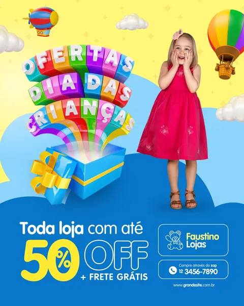 Post para Instagram com tema de Dia das Crianças, anunciando 50% OFF e frete grátis. Um presente aberto com arco-íris e balões coloridos, uma menina sorridente e o logo da loja.