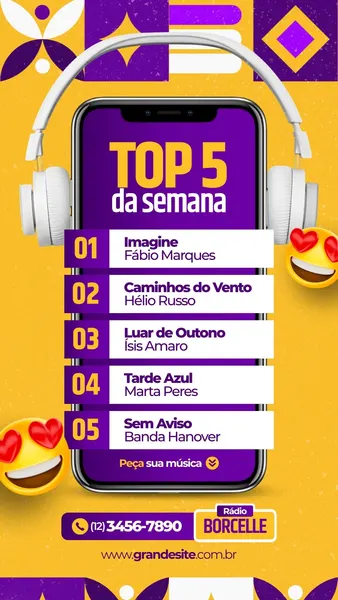 Template de Story Instagram vibrante com fundo amarelo e detalhes roxos. Apresenta um celular com fones de ouvido brancos, exibindo um ranking 'TOP 5 da semana' de músicas. Inclui nomes de artistas, chamada para 'Peça sua música' e emojis de coração, ideal para rádios e playlists musicais.