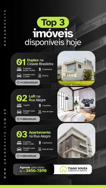Template de Instagram Story em preto e verde com o título 'Top 3 imóveis disponíveis hoje'. Apresenta três imóveis com fotos, detalhes (quartos, banheiros, garagem, piscina/área de lazer) e preços, além de informações de contato do corretor.
