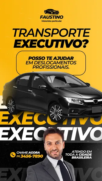 Template de Instagram Story em tons de amarelo vibrante e preto, com um carro sedan preto moderno e um motorista profissional sorrindo. O design destaca serviços de transporte executivo e motorista particular, com um número de telefone para contato e a frase 'Atendo em toda a cidade brasileira', transmitindo profissionalismo e disponibilidade.
