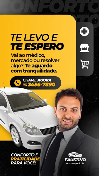 Story do Instagram com fundo preto e detalhes em amarelo vibrante, apresentando um motorista particular sorridente de terno ao lado de um carro branco. O template destaca o serviço de transporte para diversas necessidades, como médico e compras, com ícones ilustrativos e um claro call-to-action para contato telefônico, transmitindo profissionalismo e conforto.