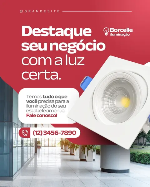 Post para Instagram de loja de iluminação com fundo vermelho vibrante. Um spot de luz moderno em destaque, com texto 'Destaque seu negócio com a luz certa.' e informações de contato. Ideal para divulgar soluções de iluminação para estabelecimentos comerciais.