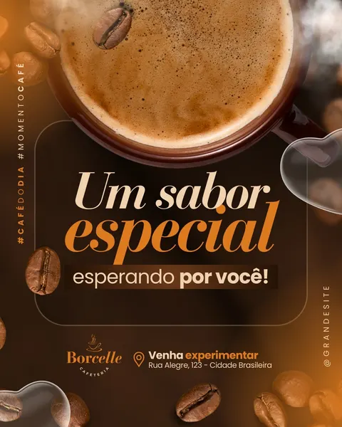 Post para Instagram de cafeteria com fundo marrom escuro e detalhes em laranja, apresentando uma xícara de café fumegante e grãos de café espalhados. O texto principal diz 'Um sabor especial esperando por você!' com o nome da cafeteria e endereço.
