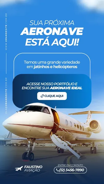 Template de story para Instagram com fundo azul e branco, apresentando um jato executivo com a porta aberta. O texto principal diz 'Sua próxima aeronave está aqui!' e convida o usuário a clicar para ver o portfólio.