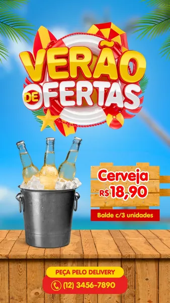 Story Instagram de verão para promoção de cerveja. Fundo de praia com palmeiras, título 3D 'Verão de Ofertas' em vermelho e amarelo. Balde de metal com três cervejas geladas e placa de madeira com 'Cerveja R$18,90'. Botão 'Peça pelo Delivery' com telefone, sobre um balcão de madeira.