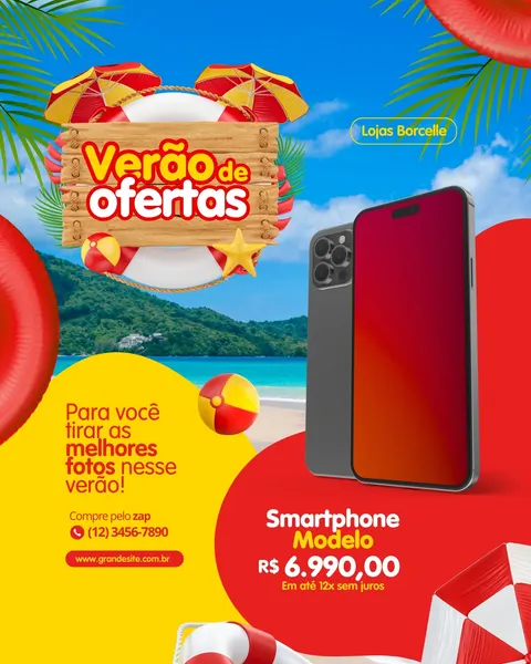Post de Instagram/Facebook com tema de verão e promoção de smartphone. O design vibrante apresenta um fundo de praia com céu azul, palmeiras e areia. Elementos como boias, guarda-sóis e uma placa "Verão de Ofertas" em madeira criam um clima festivo. Um smartphone moderno com tela vermelha é o destaque, exibindo preço e condições de pagamento. Cores predominantes são azul, amarelo e vermelho, ideal para lojas de eletrônicos e varejo.