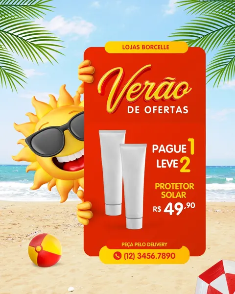 Post de Instagram/Facebook com tema de verão. Um sol sorridente de óculos escuros segura um banner vermelho vibrante com a oferta 'Verão de Ofertas: Pague 1 Leve 2 Protetor Solar' e o preço R$49,90. Ao fundo, uma praia ensolarada com mar azul, areia, coqueiros e uma bola de praia vermelha e amarela. Inclui chamada para delivery e telefone.