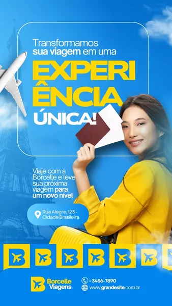 Template de Instagram Story em tons de azul, branco e amarelo para agência de viagens. Uma jovem sorri segurando passaportes, com um avião e a Torre Eiffel ao fundo. O texto principal diz 'Experiência Única'.