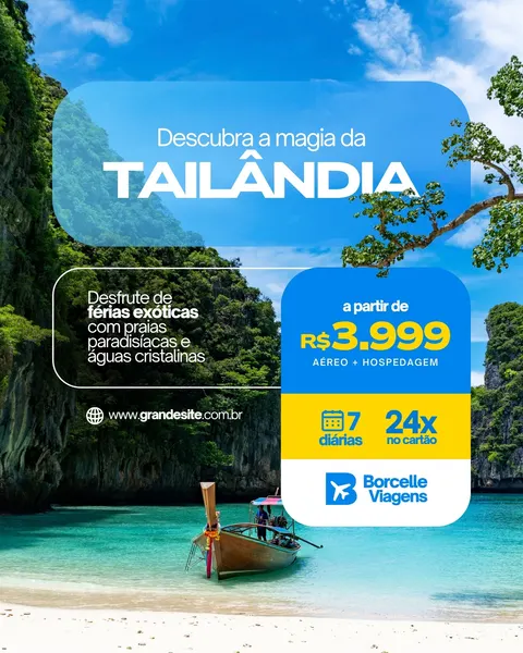 Post para Instagram de agência de viagens promovendo pacotes para Tailândia. A imagem mostra uma praia paradisíaca com águas cristalinas e um barco tailandês. O design inclui texto sobre a oferta, preço e condições de pagamento.