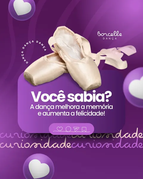 Post para redes sociais com fundo roxo vibrante e sapatilhas de ponta de ballet bege no centro. O texto branco pergunta 'Você sabia?' e informa que 'A dança melhora a memória e aumenta a felicidade!'. Corações 3D roxos flutuam, e a palavra 'curiosidade' se repete em um padrão sutil na parte inferior, ideal para escolas de dança.