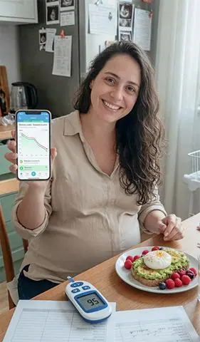 Mulher Grávida Mostra App de Saúde com Glicemia — Mulher grávida sorrindo e mostrando um app de controle de glicemia no celular, com glicosímetro e café da manhã saudável na mesa. Ideal para
