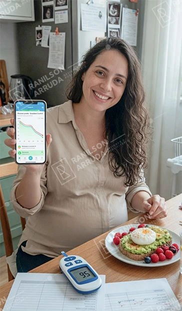 Mulher Grávida Mostra App de Saúde com Glicemia